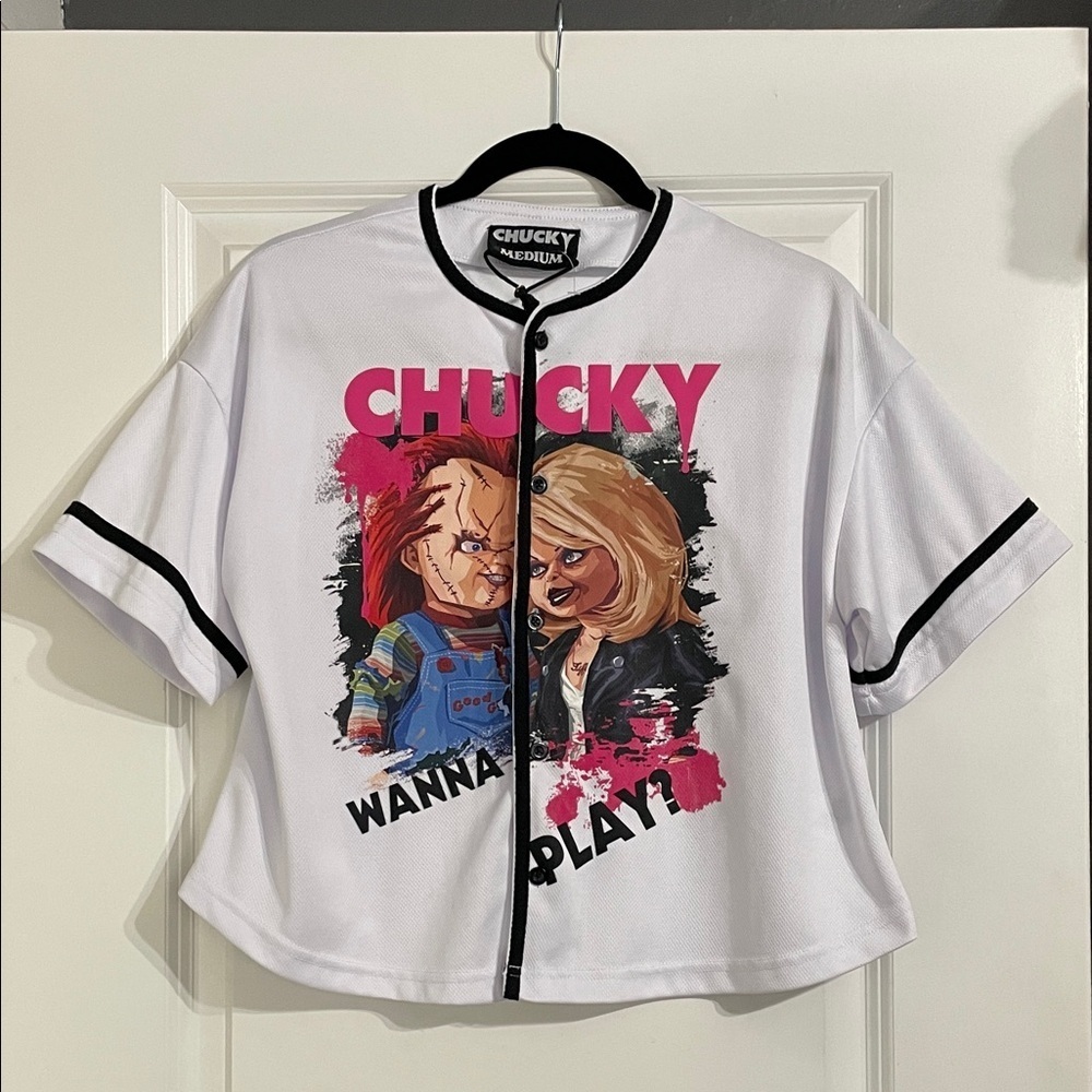 Universal Studios Chucky and Tiffany “Wanna Play?” Crop Baseball Jersey Medium